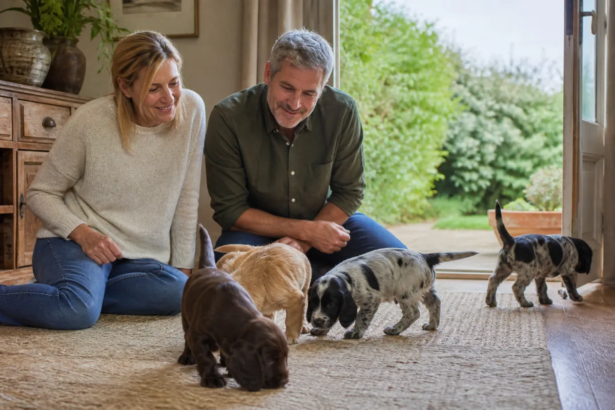 Des adultes observent calmement une portée de chiots