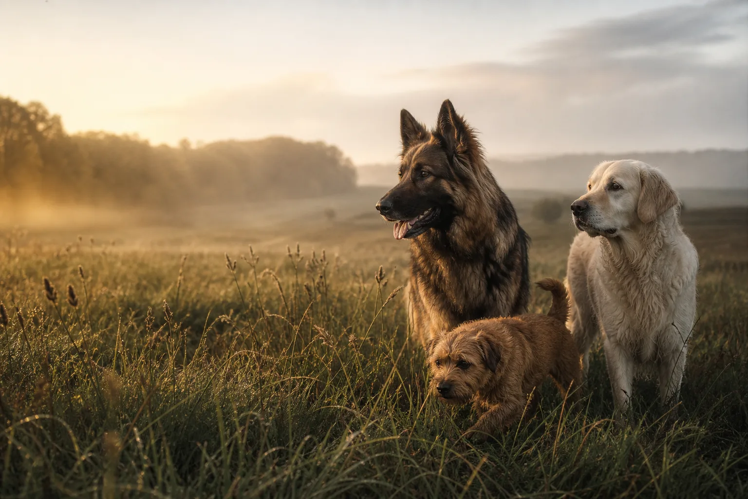 Trois chiens dans une prairie au lever du jour